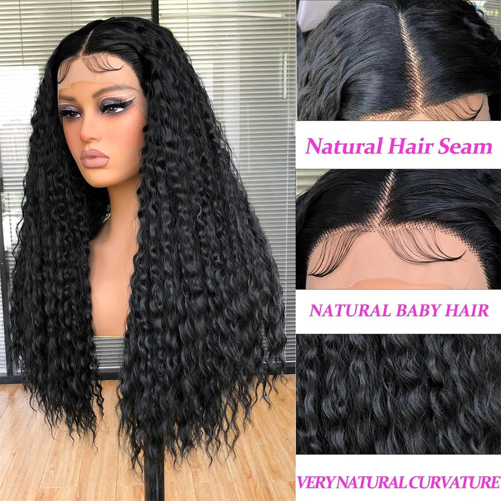 Princess Deep Wave 13X5 Lace Frontal Wigs For Women Brazilian Human Hair Wig Transparent Lace Pre plucked Natural Black Color