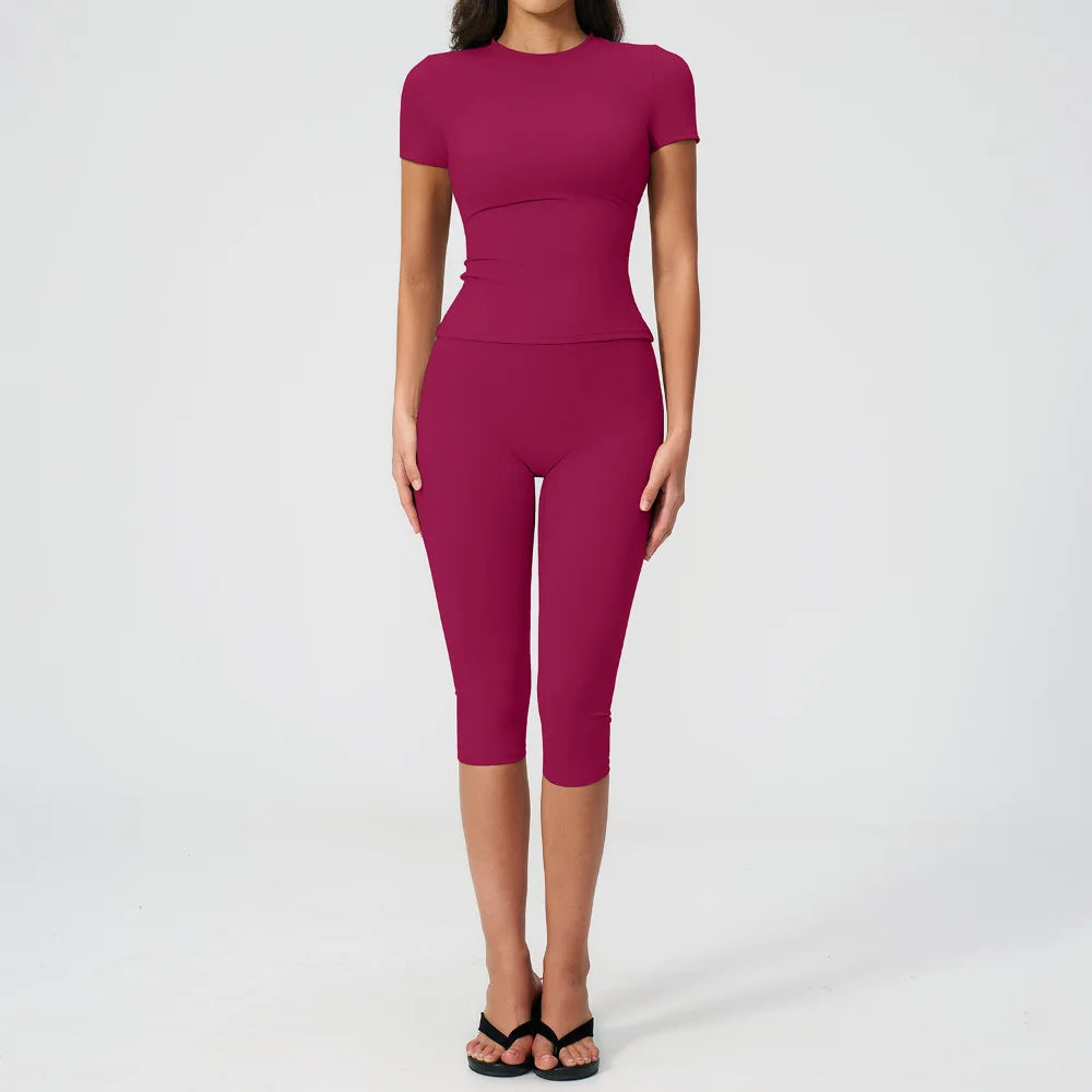 Sports Set Two Pieces Yoga Set Women's Sports Set Quick Drying Short Sleeve Fitness Set Gym Running Slim Capri Pants Sportswear