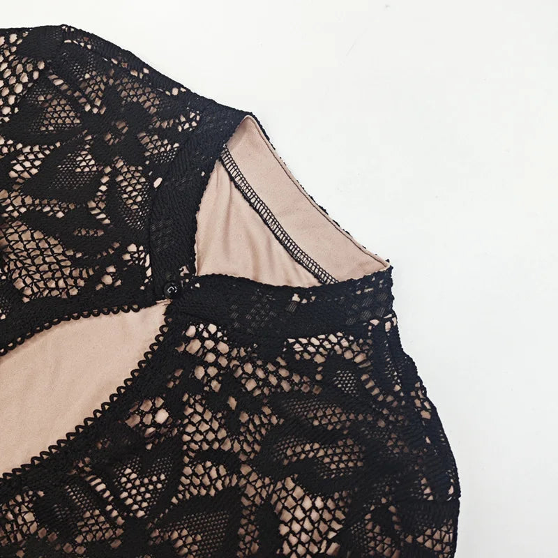 Suninheart Hollow Out Long Sleeve Cocktail Dress Women Lace Stand Collar