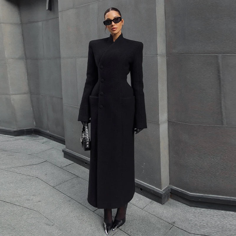Elegant Long Coat Women V-neck Solid Slim Single-breasted Waist-closed Jackets Lady 2026 Spring Chic Female Streetwear