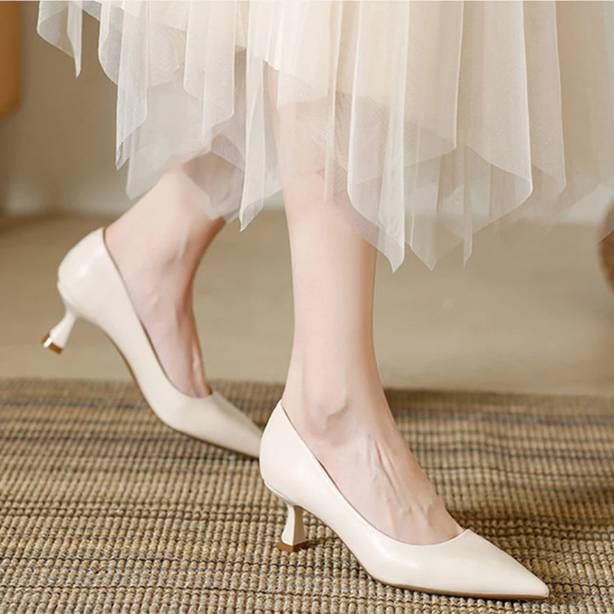 Soft Leather Concise Ladies Office Shoes 2026 Spring Shallow Comfort 6.0cm High Heels Women Pumps Dress Pointy Toe Wedding Shoes