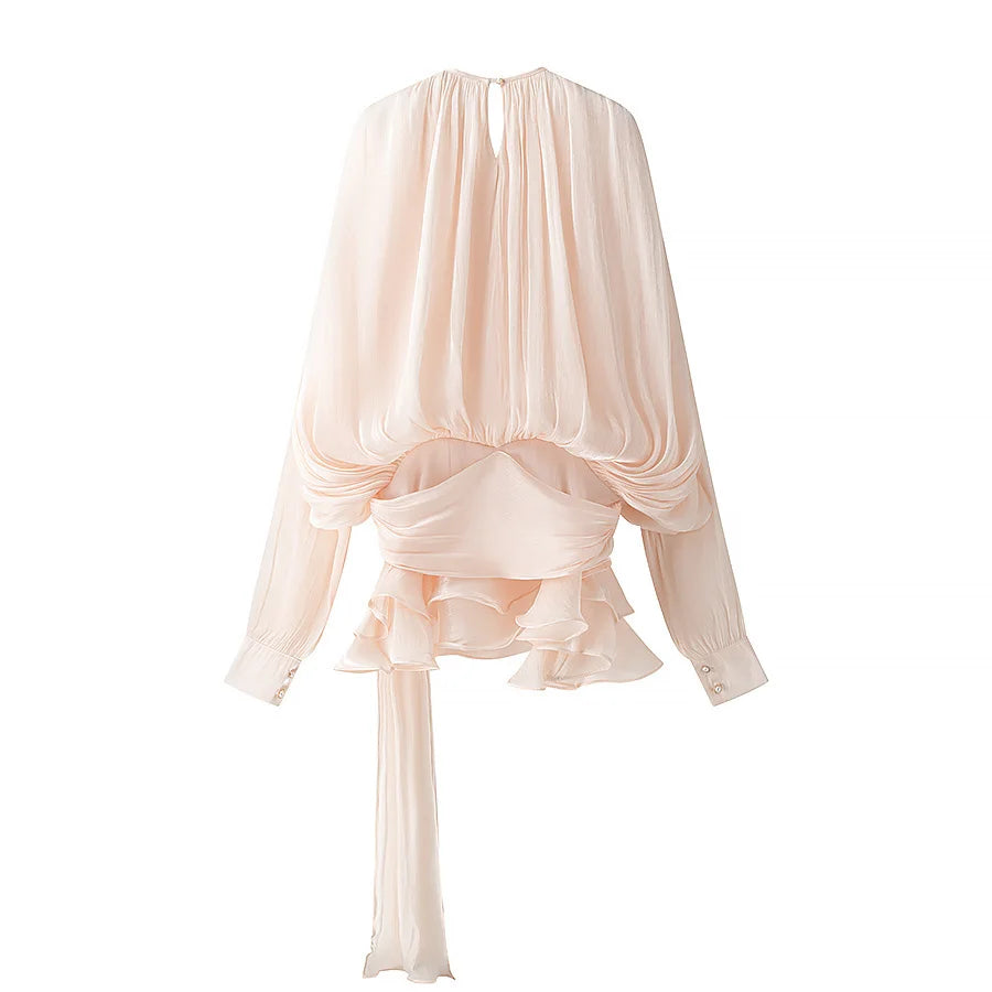 Dress Set Sweet Women Top Elegant Lantern Yarn Dress Women Spring New Short Waist Cinched Irregular Ruffle Edge Tie 9D6O