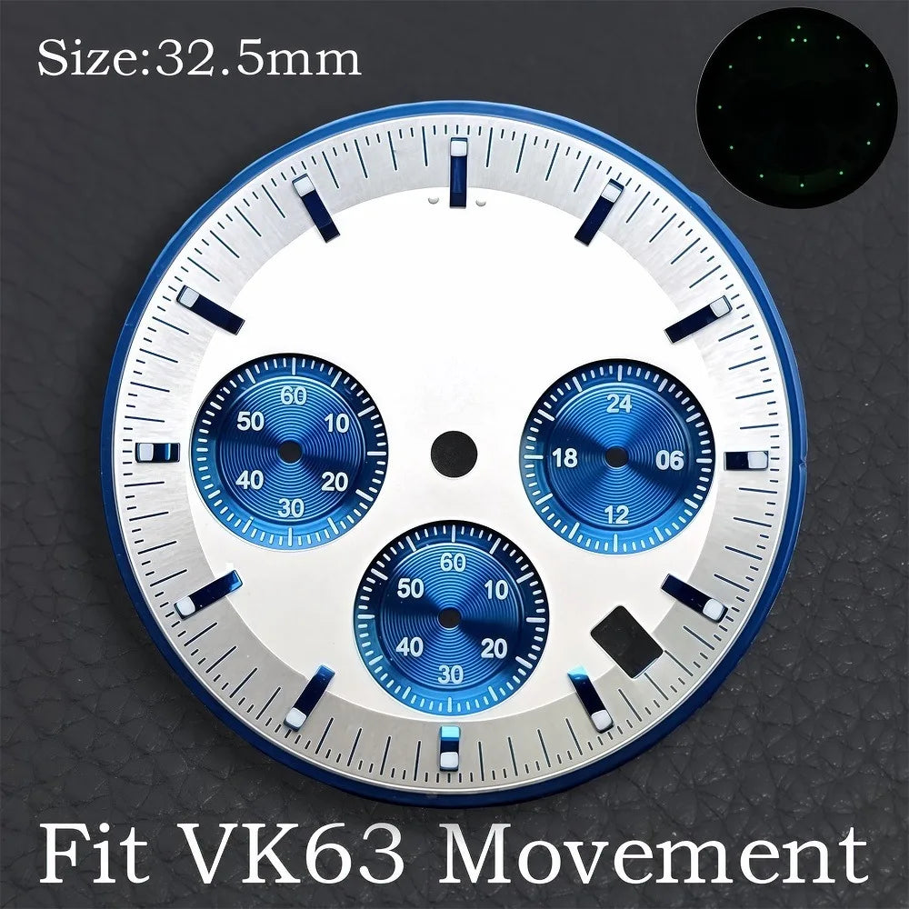 32.5MM Dial Fit VK63 Movement Green Luminous Dial Hands Men's Watches Part VK63 Watch Accessories Maintenance Tools