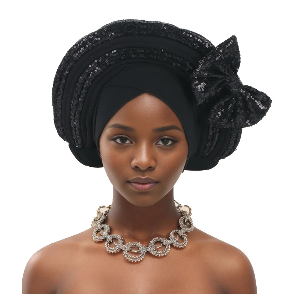 Sweet Bowknot Auto Gele Headtie for Women African Head Wraps Lady Party Headpiece Female Sequins Turban Cap