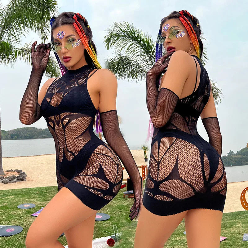 Sexy Skinny Beach Wear Woman Sexy Bikinis Mesh Jumpsuit Hotgirl Beach Dress Erotic Lingerie  Hollow Out BodyStockings Sexi Suit