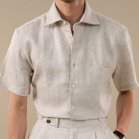Pure Linen Shirt Set For Men Naples Style Casual Shorts + Shirt 2-piece Set Club Shirt Camisa Social Masculina Summer Shirt Men
