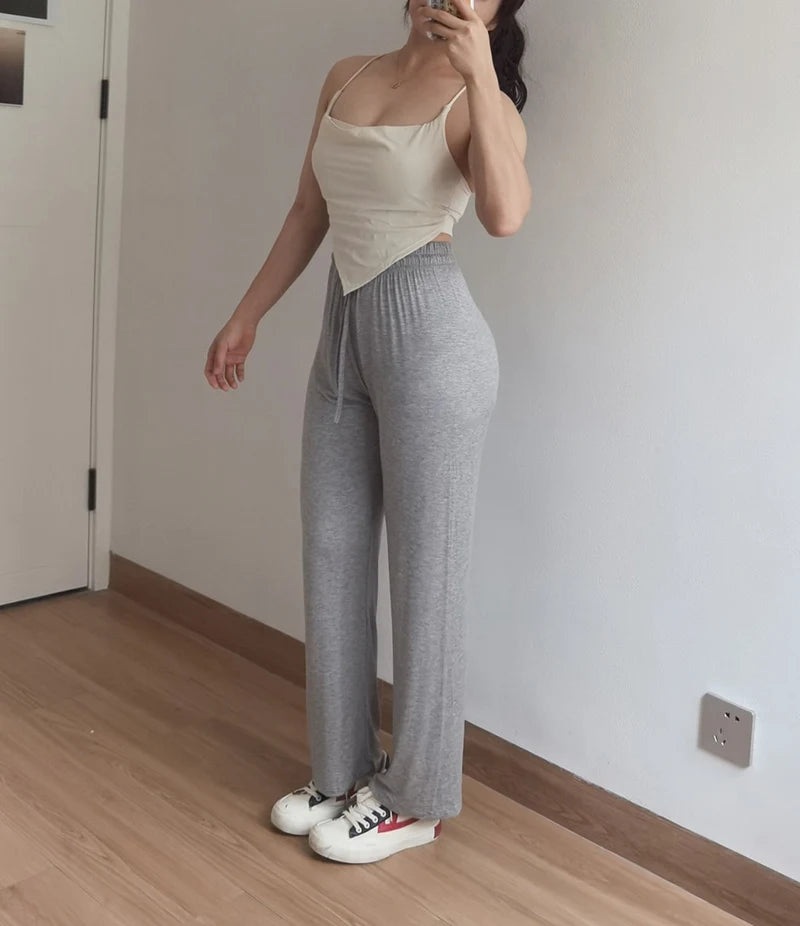 BIVIGAOS Summer Drawstring Ultra-thin Modal Wide Leg Pants Women High Waist Drape Casual Sport Pants Gray Sunscreen Fitness Pant