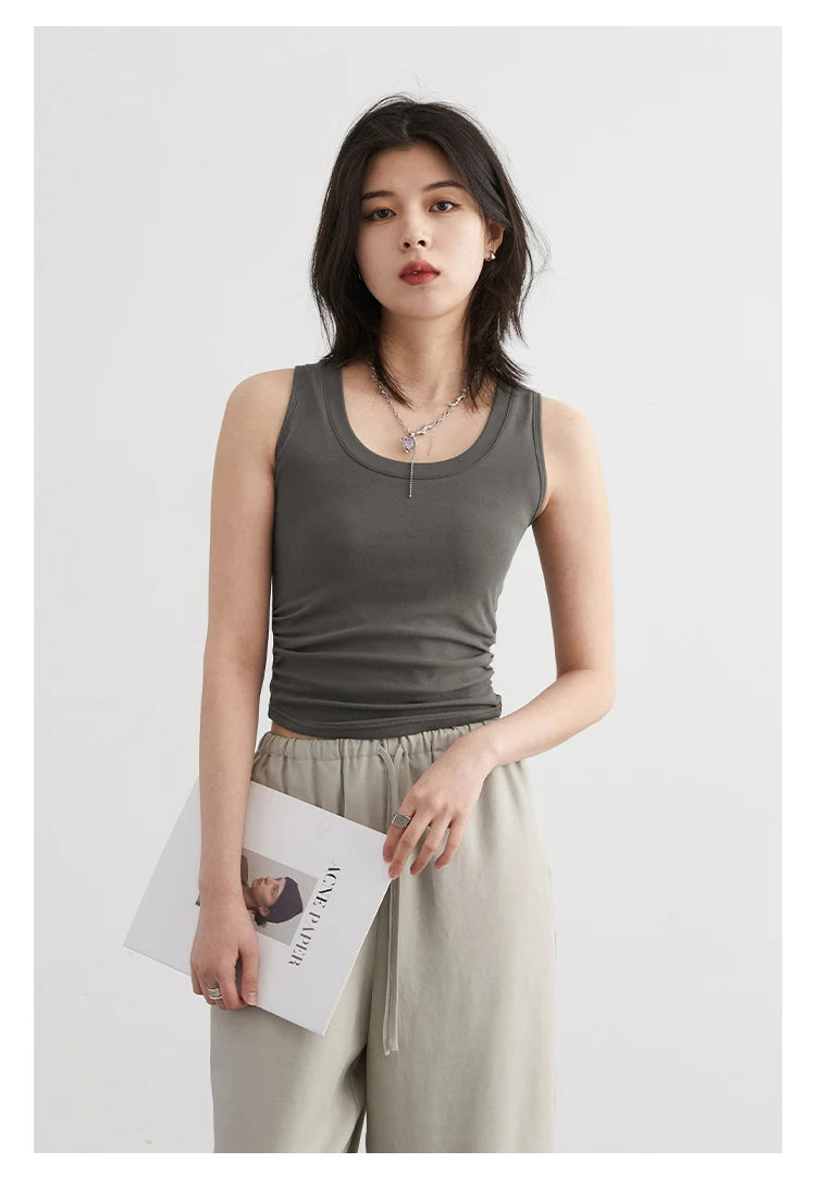 CHIC VEN Women Tanks New Solid Color Tees U-neck Pleated Vest Suspender Sleeveless Slim Female Top Spring Summer 2024