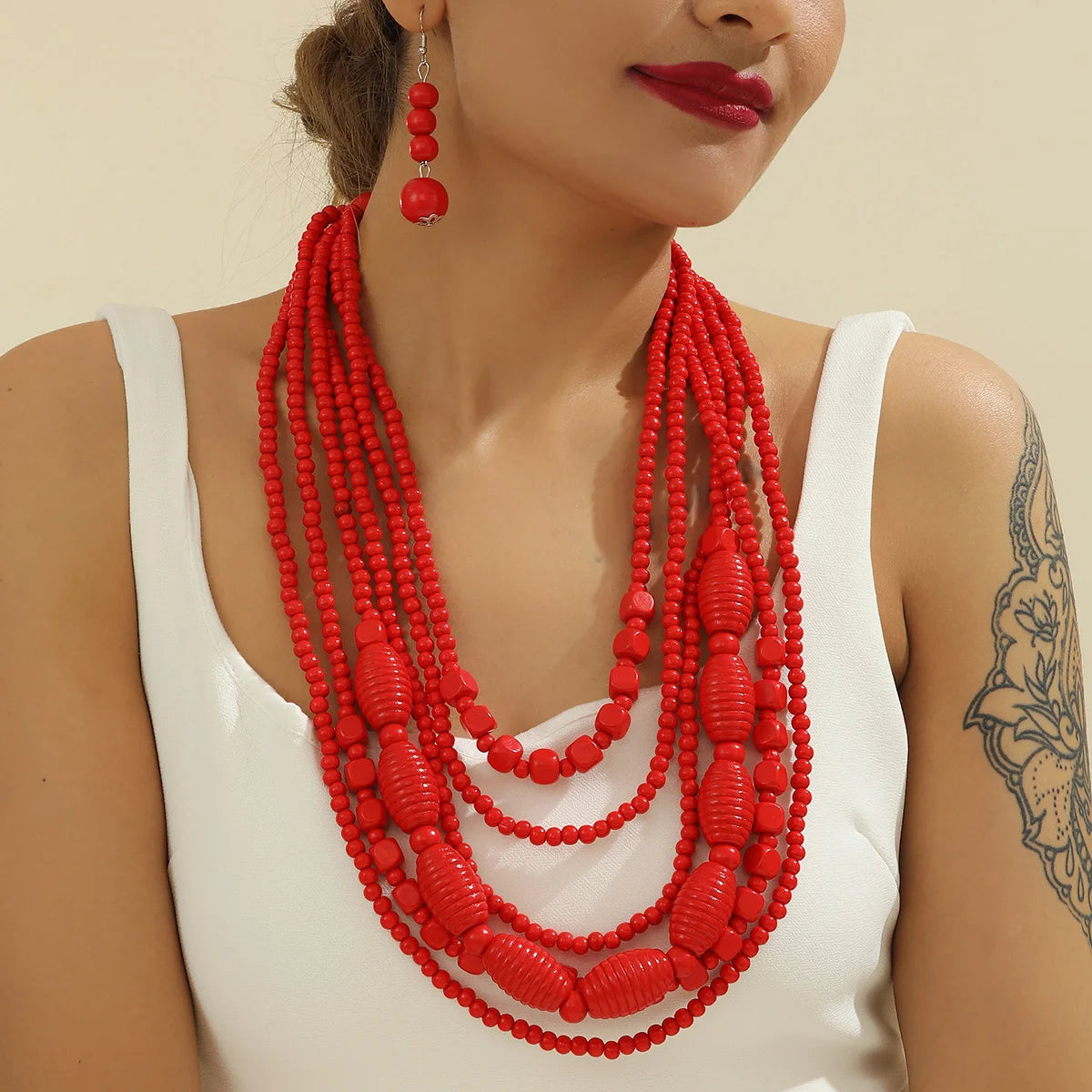 Colorful African Style Multi-Layer Wooden Bead Jewelry Sets Chokers Necklace Colorful Bohemian Necklace Earrings Set Party Jewel