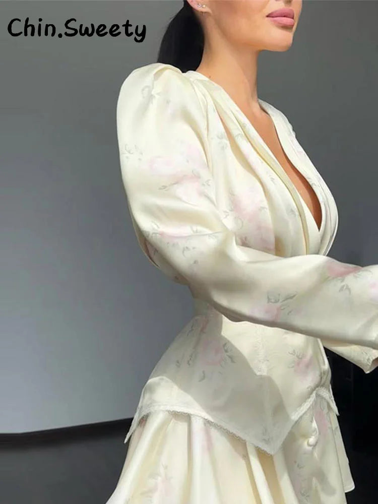 Elegant Women's Printed Waistband Short Dress Deep V-neck Long Puff Sleeve Pleated Dresses 2026 Summer Lady Holiday Party Robe