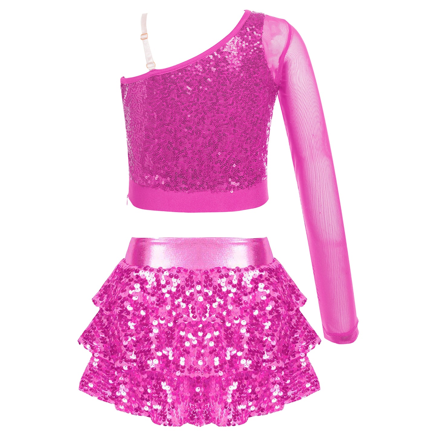 Kids Girls Dance Dresses Latin Jazz Modern Dance Show Costume Sequin Long Sleeve Crop Tops and Skirted Culottes Cheer Dancewear