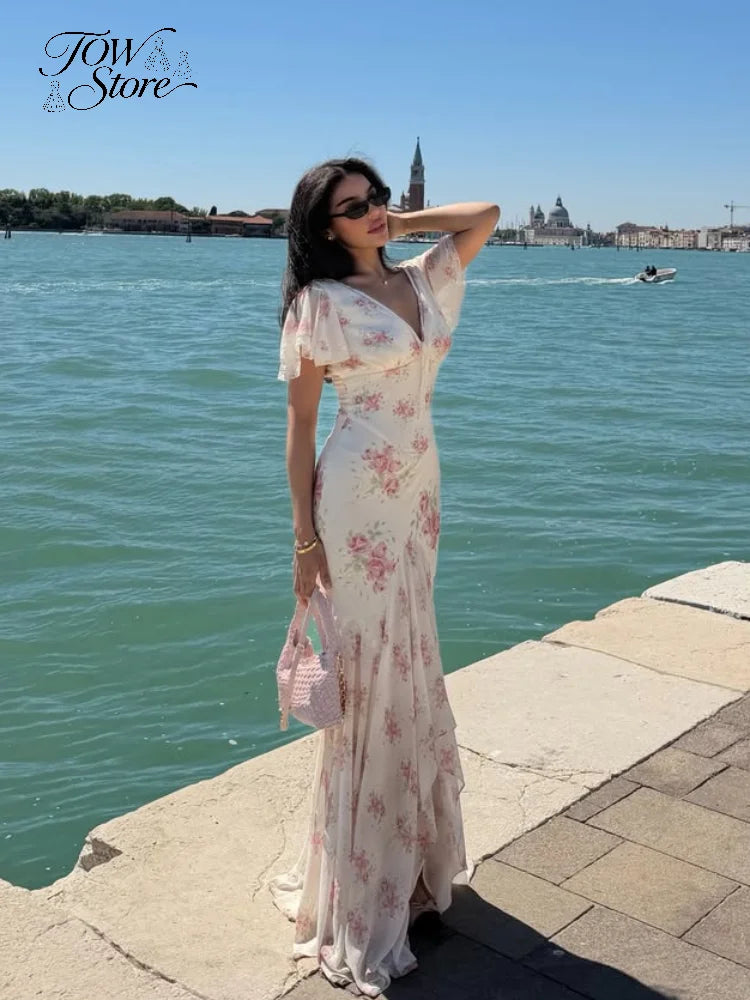 Flutter Sleeves Slim Long Dress Women Casual Pleated Deep V-neck Floral Print High Waist Dresses 2026 Lady Summer Holiday Wear