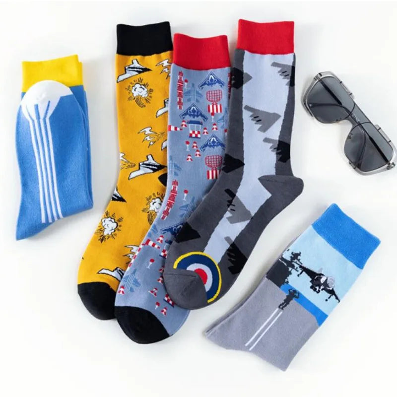 New Fighter Jet Fighter Carrier Aircraft Pattern Socks for Aviation Enthusiasts Stealth Men Crazy Party Crew Socks Cotton