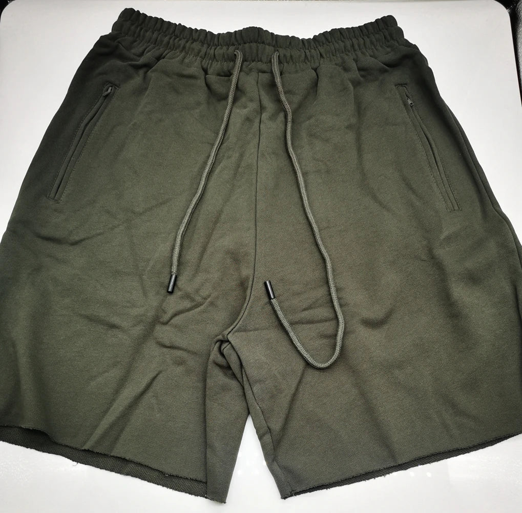 Men Cotton Shorts Thick 380g Bodybuilding Short Sweatpants Fitness Jogger Gym Men Kanye Grey West Shorts Black Zipper Pockets