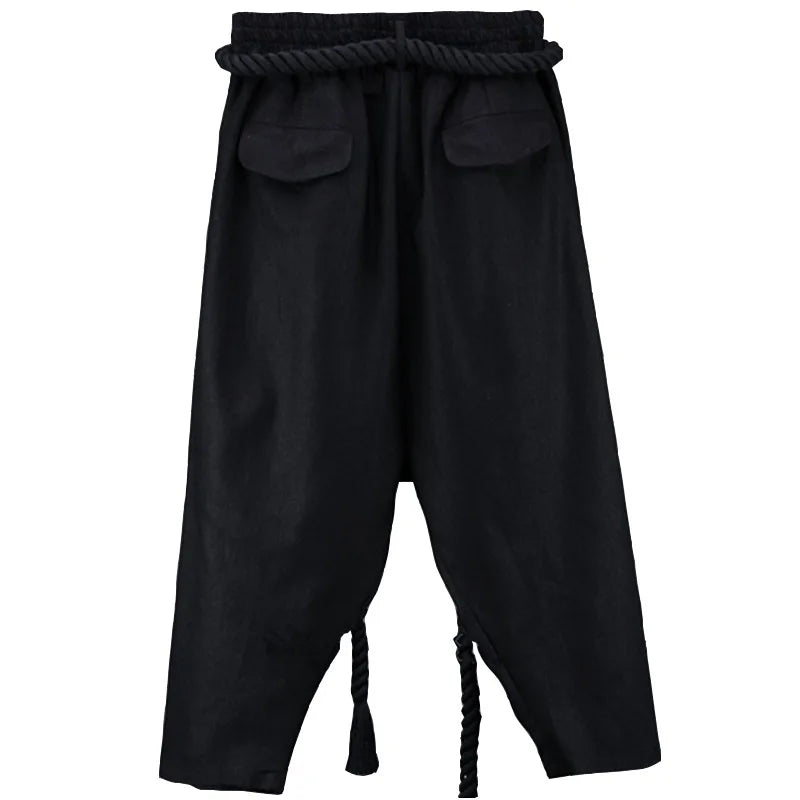 Men's Summer Black Linen Harem Pants Nightclub Stage Baggy Trousers With Rope Belt Mens Gothic Punk Hip Hop Joggers Street Wear