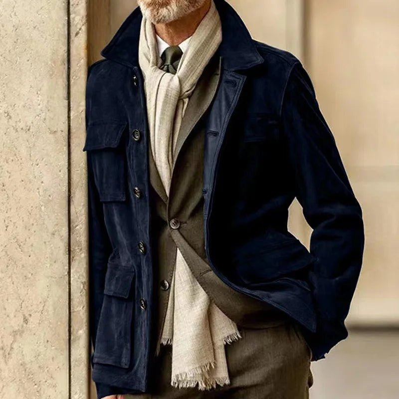 Cowhide Suede Jacket For Men Autumn Winter Turndown Collar Multi-pocket Windbreaker American Vintage Casual Coat Streetwear