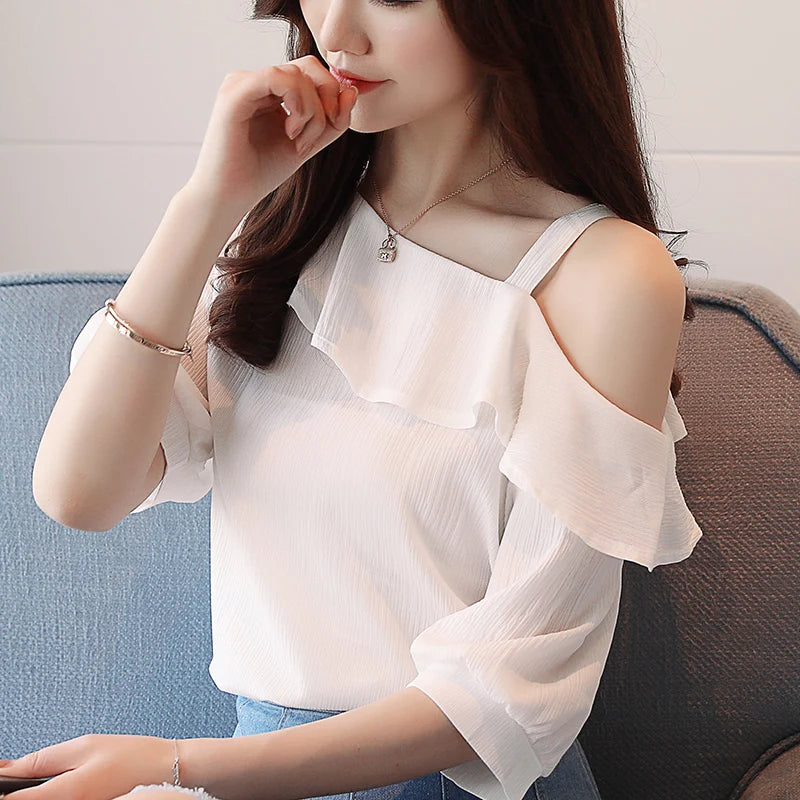 Women's One Shoulder Ruffles Chiffon Blouse Shirt Short Sleeve Pullover Acetate
