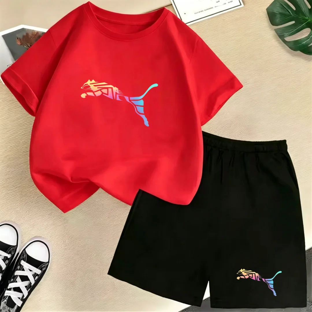 Kids Summer Casual Round Neck T-shirt Colorful Gradation Animals Boy Girl3-12Yrs Short-Sleeved+Shorts Fashion Sports Clothes Set
