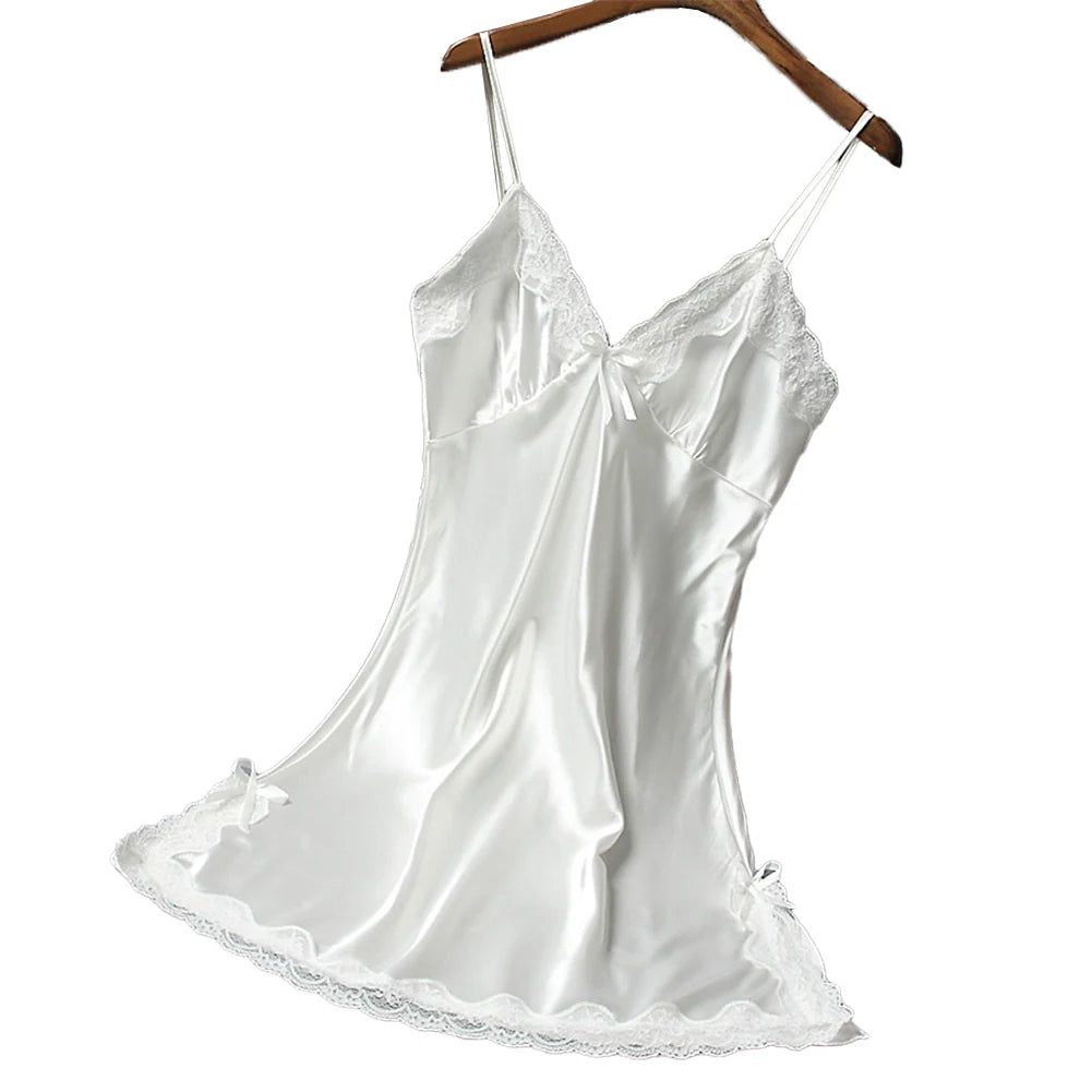 Ladies Sexy Silk Satin Night Dress Nightgown Sleeveless Lace Lingerie Sleepwear Ladies Wrap Dress Robe Sleepwear