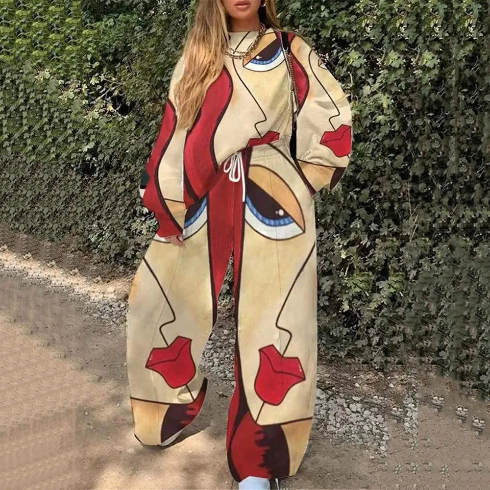 Fashion Print Oversized Tracksuit Suit Women Two Piece Pants Sets Casual Sweatshirt Trousers Streetwear 2 Piece Set Lady Outfit