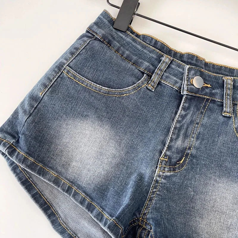 American Style Retro Blue Denim Shorts Women Summer Slim Fit Elastic Low-Waisted Jean Shorts Sexy Package Hip Tight Shorts Jeans