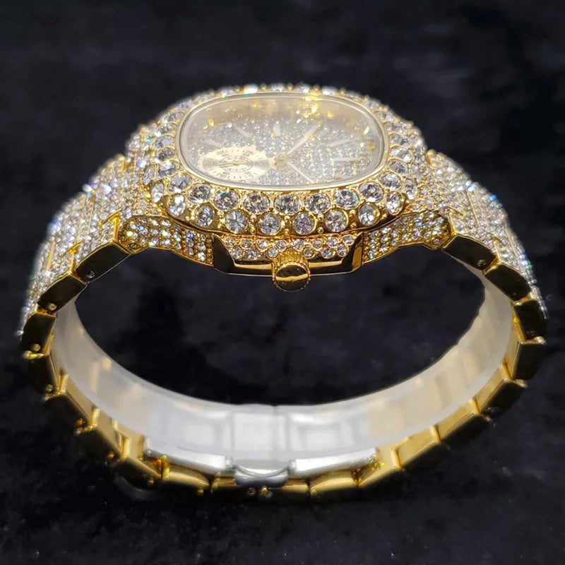 MISSFOX Iced Out Watch For Men Luxury Fashion Gold Quartz Watches Hip Hop High Quality Waterproof  Male Daimond Clock New Gift