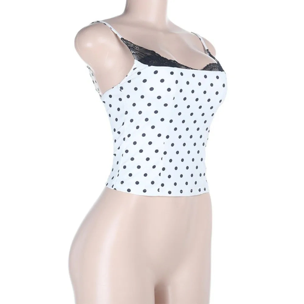 New Lace Splicing Lace Camisole Top Polka Dot Sleeveless Design Polka Dot Top Trendy Slim Fit Top Y2K Fashion