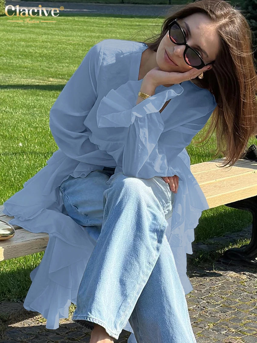 Clacive Sexy Loose White Women's Shirt 2025 Fashion V-Neck Long Sleeve Shirts Elegant Ruffle Irregular Top Female Clothing