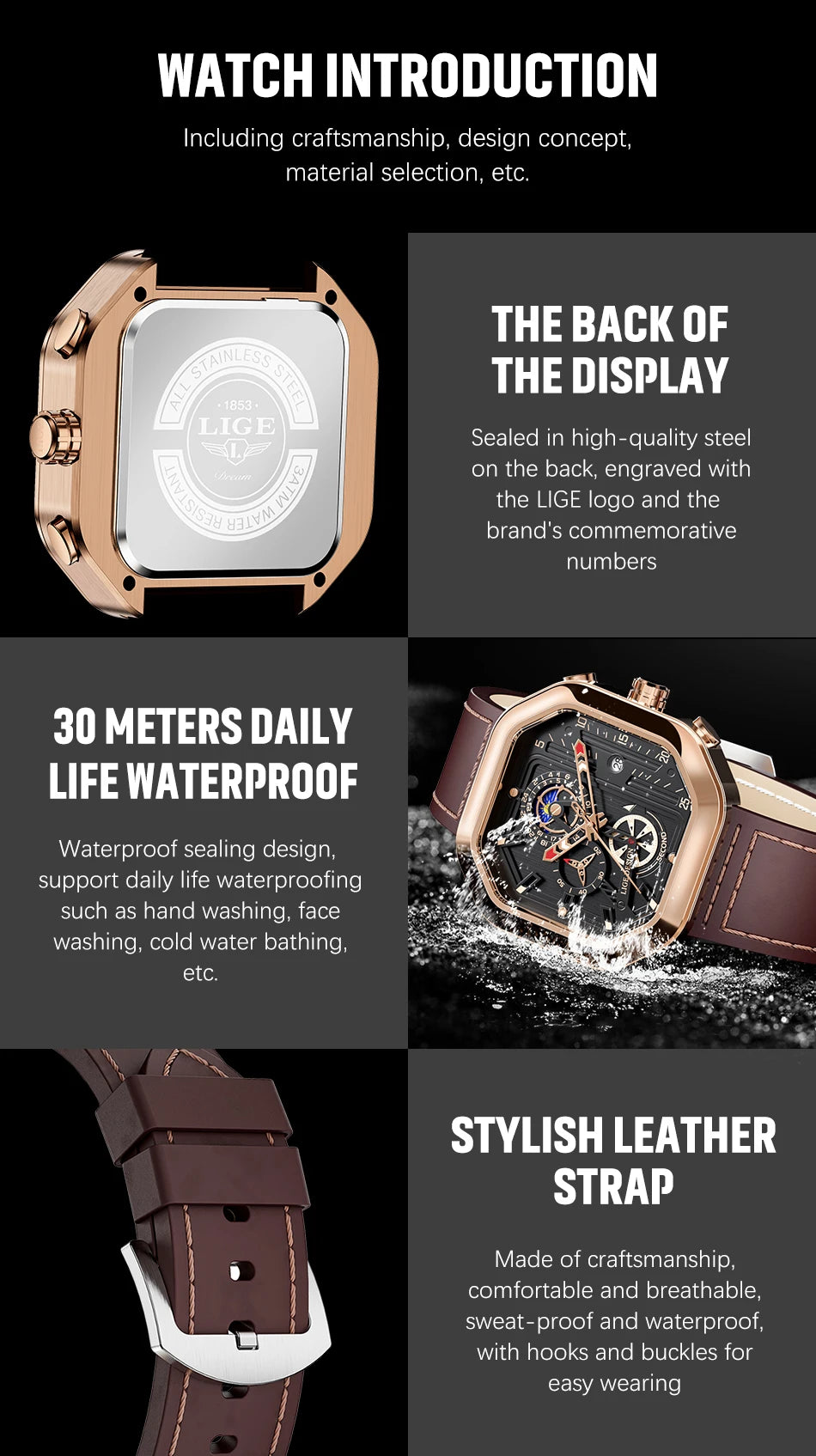 2025 LIGE Business Leather Watch For Men Top Brand Luxury Mens Watches Waterproof Quartz Wrsitwatch 24 Hours Moon Phase Clock