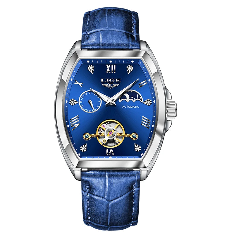 LIGE Luxury Mens Rectangular Dial Mechanical Watches Waterproof Leather Automatic Luminous Watch Business Men relogios masculino