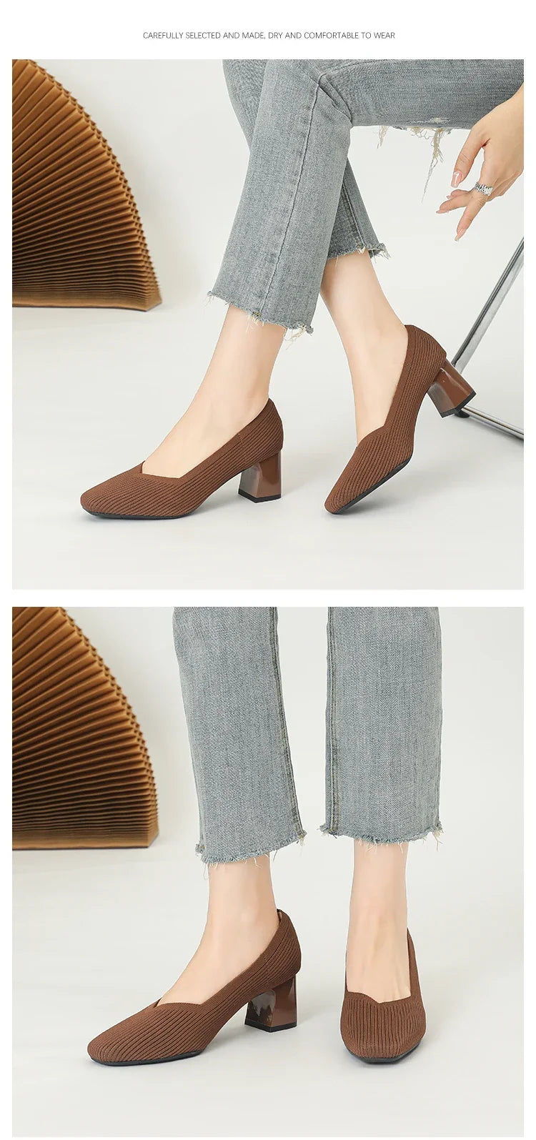 Shoes Woman High Heels Comfortable Square Knitted Breathable Comfortable Women's Flats Shoes (5cm High) 2025 New Collection