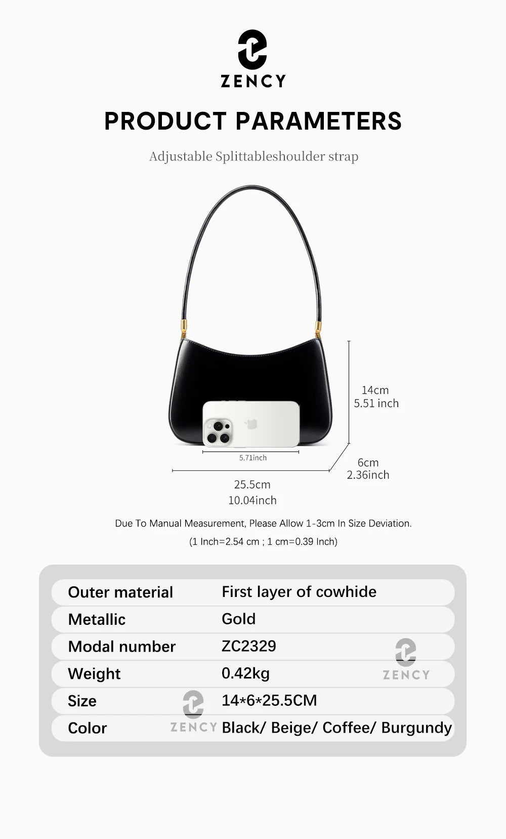 Zency Premium Cow Leather Fashion Shoulder Handbag for Women Trendy 2025 Luxury Designer Underarm Bag