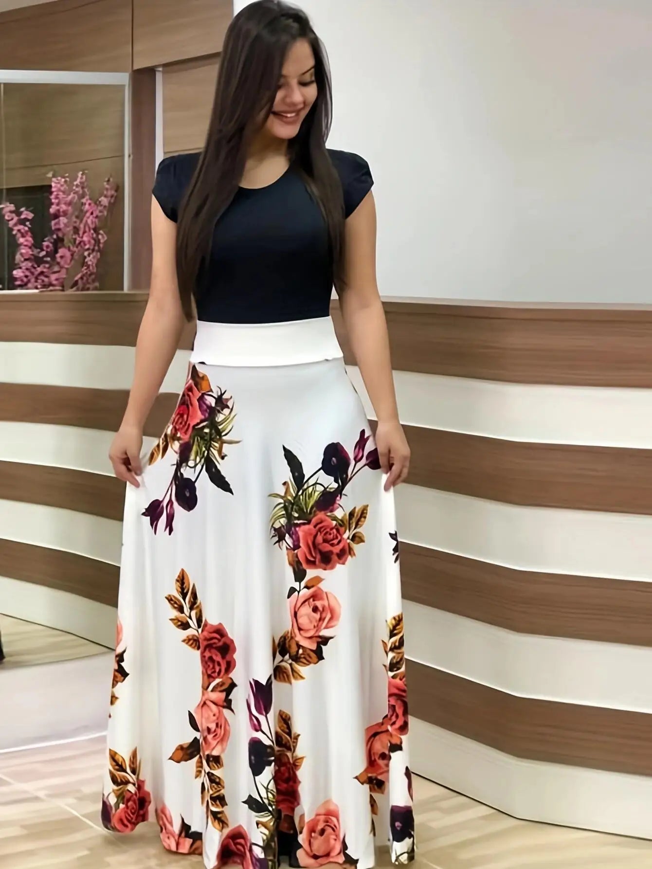 2024 European and American style flower print color matching short sleeved dress for women's large swing skirt BAZAARHUBO