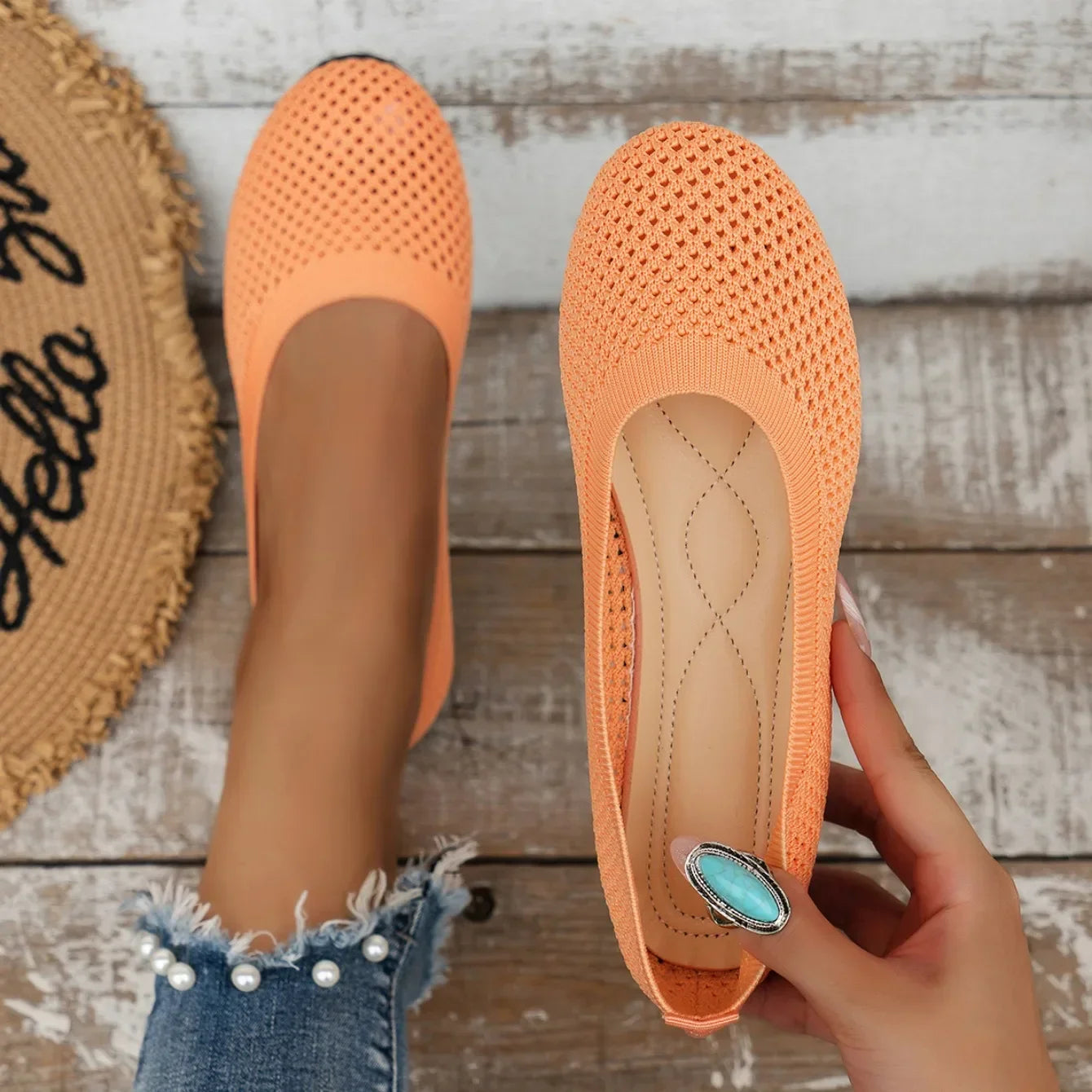 Women Round Toe Flat Shoes Solid Color Knitted Slip on Shoes Casual Breathable Ballet Flats Women Mesh Flat Shoes Loafers Woman