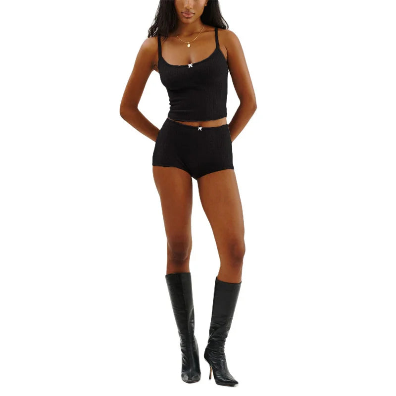Xingqing y2k Pajamas Sets Women Bow Sleeveless Knitted Camisole Tops and Elastic Shorts Loungewear Soft Sleepwear for Nightwear