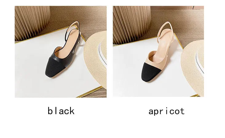 2023Spring Autumn Fashion High Heels Sandals Women's Dress Square Toe Slingback Shoes Women's Color Block Back With Flat Sandals