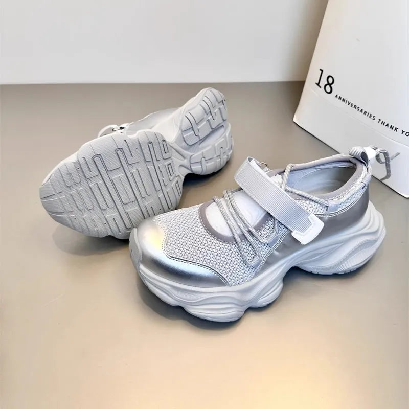 Women's Breathable Mesh Hollow Out Thick Bottom Casual Sports Shoes Thin Mary Jane Shoes Magic Tape Leisure Sports Shoes
