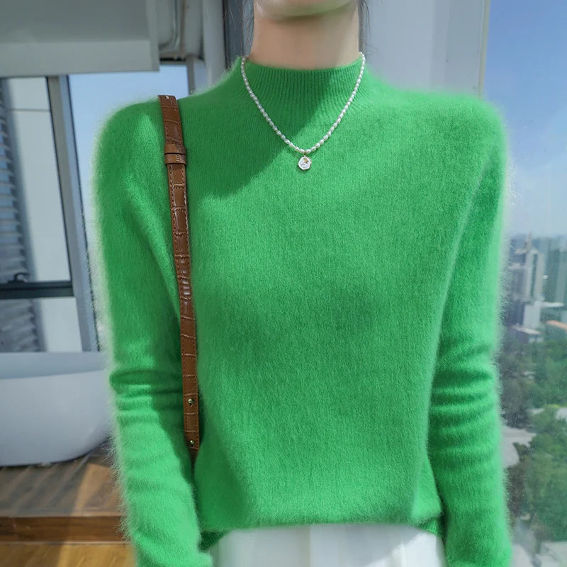 2024 Autumn And Winter New Women's Semi High Neck New Fashion Mink Sweater Long Sleeved Loose Sweater Slimming Knit Sweater Base