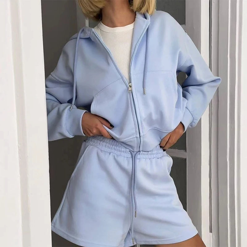 Fashion Women's Hoodie Shorts Pants Long Sleeve Pocket Lace Up Short Pants Lady Set 2025 Summer Autumn Casual 2 Piece Set Women