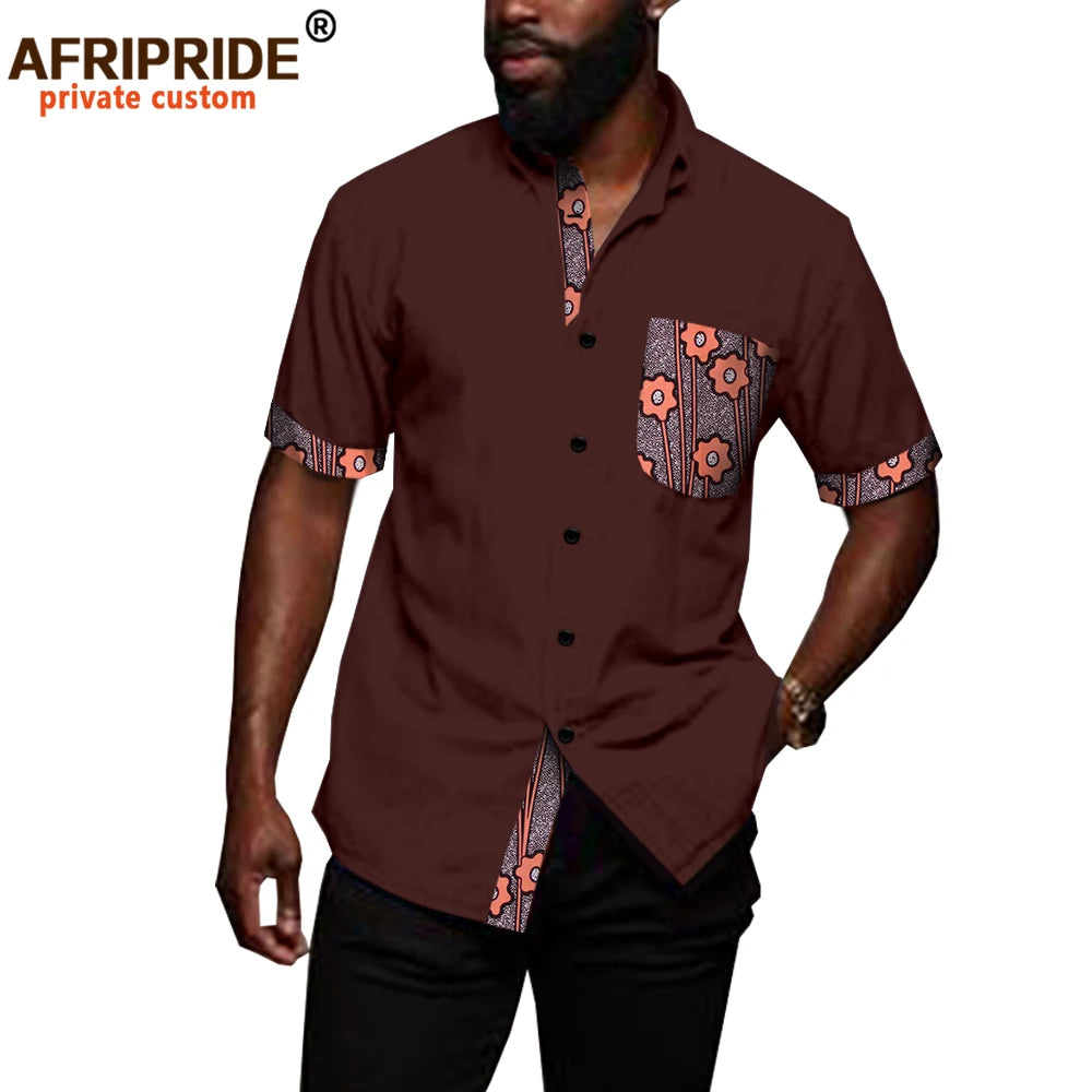 African Shirts for Men Denim Thin Shirt Short Sleeve Pockets Slim Slight Elastic Jeans Cowboy Shirt Clothing Crop Top A2012006