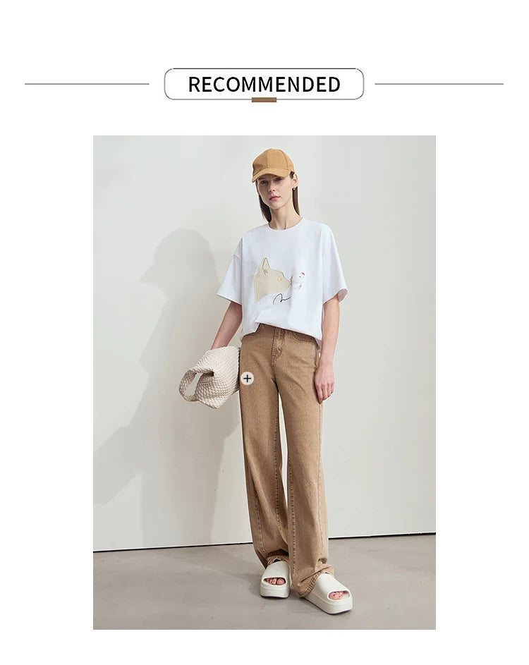 AMII Summer Casual T-shirt for Women 2025 Print Round Neck Short Sleeve Shirts Lady Fashion New Loose Clothes Woman 12522007