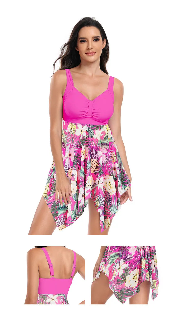 2025 Women Tropical Printed Dress Swimwear Tankini Set High Waist Swimsuit Large Size Quick Drying Bathers Bathing Beachwear