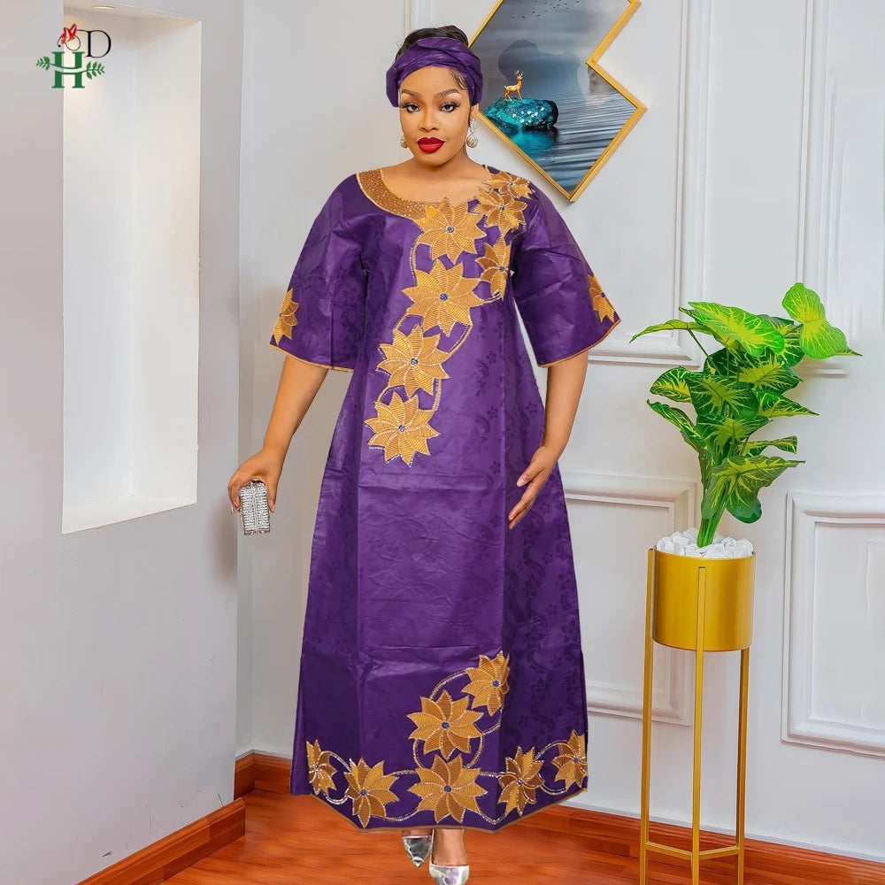 H&D New Style African Clothes For Women Traditional Embroidery Dresses Blue Bazin Women High Quality Party Wedding Occasion