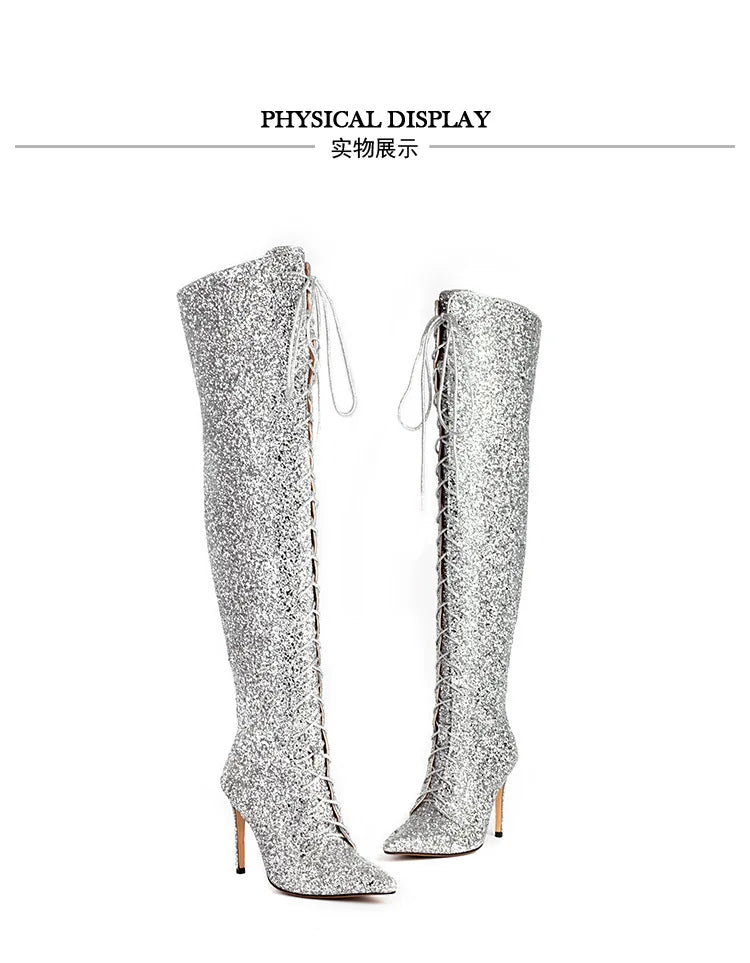 10CM Night Club Over The Knee Boots Sequins Thin High Heels Fashion Lady Pointed Long Boots Autumn Winter Party Shoes For Women