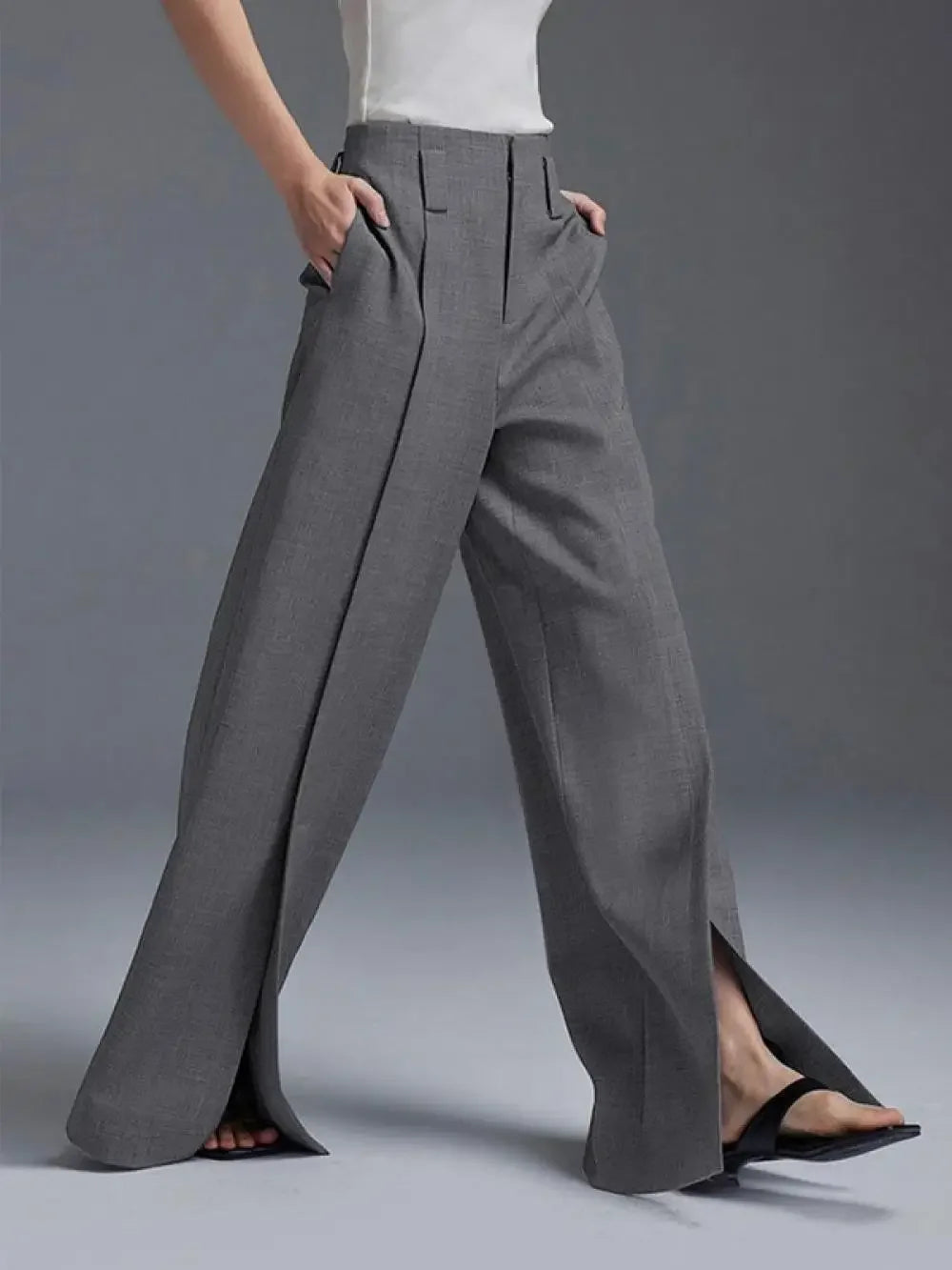 Yeezzi Women Business Suit Pants High Waist Pleated Split Front Trousers Black