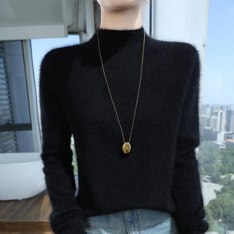 2024 Autumn And Winter New Women's Semi High Neck New Fashion Mink Sweater Long Sleeved Loose Sweater Slimming Knit Sweater Base
