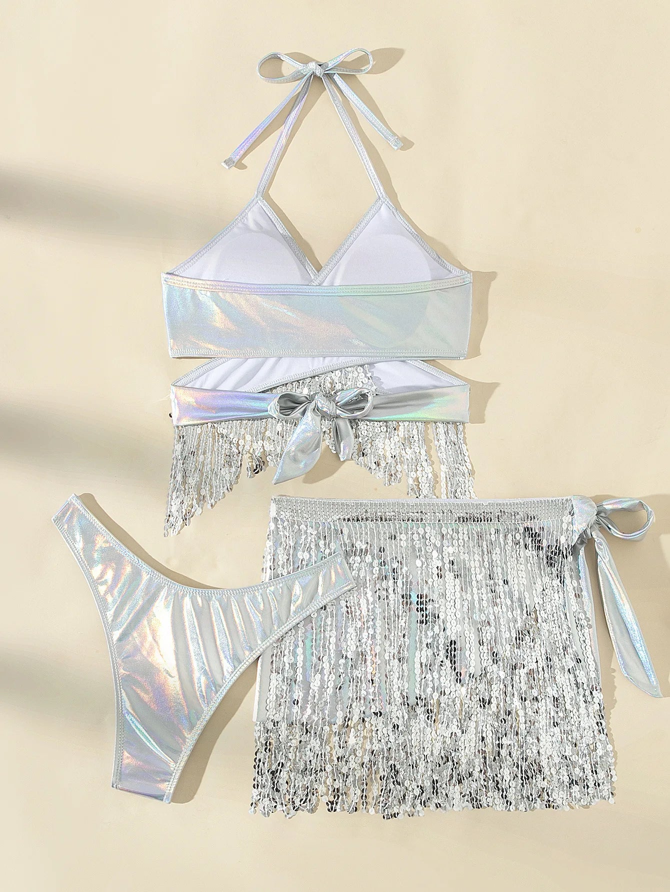 Swimwears Sexy Bikinis Set Camisole Deep V Neck Solid Shorts Summer Beach Style Slight Strech High Waist Sequins 2025 Slim