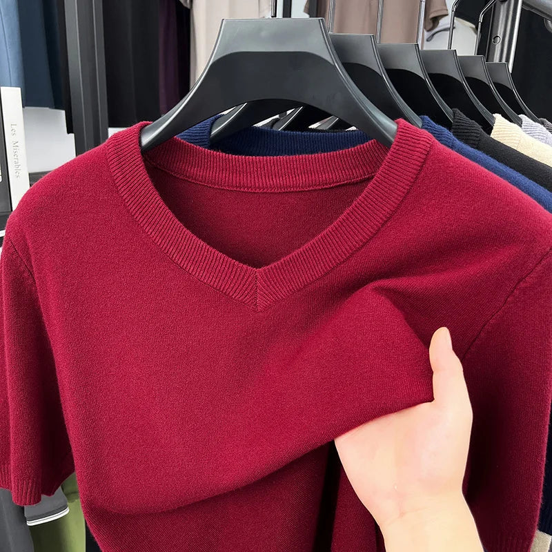 Mens V Neck Short Sleeve Wool Knit Pullover Soft Thin Knitwear For Business Office Daily Casual Spring Summer Basic Tops