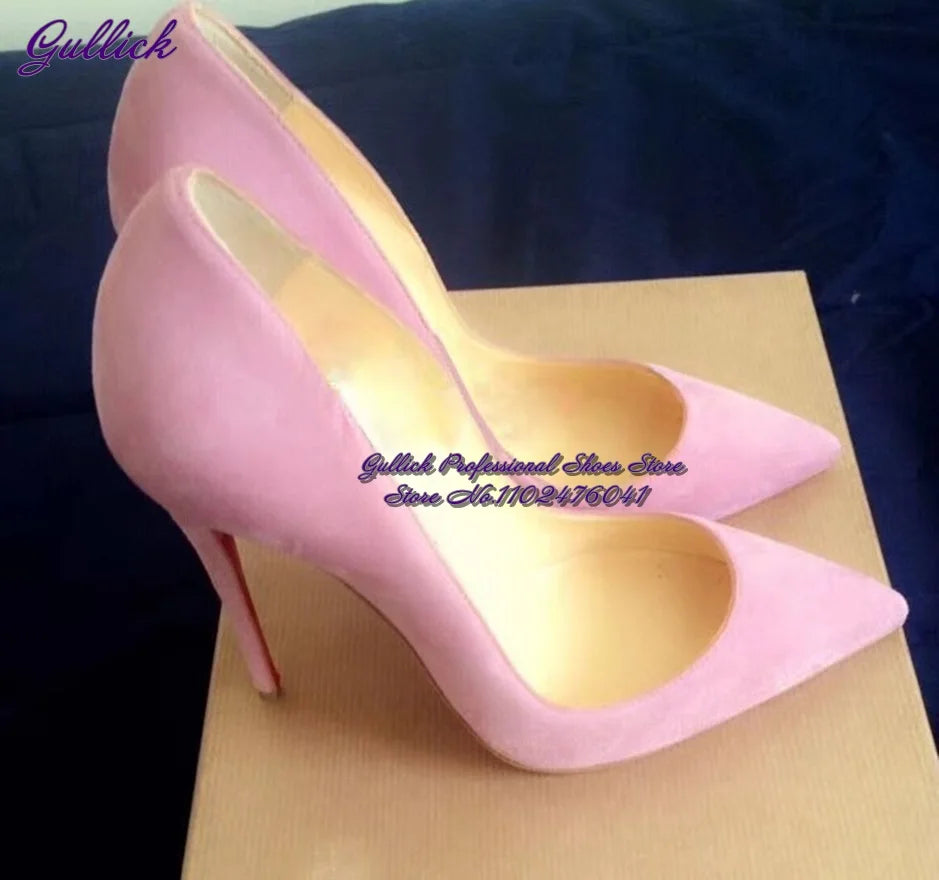 Gullick Women Hot Pink Suede High Heel Shoes 12Cm 10Cm 8Cm Stilettos Slip-On Pointed Toe Wedding Shoes Shallow Pumps Size45