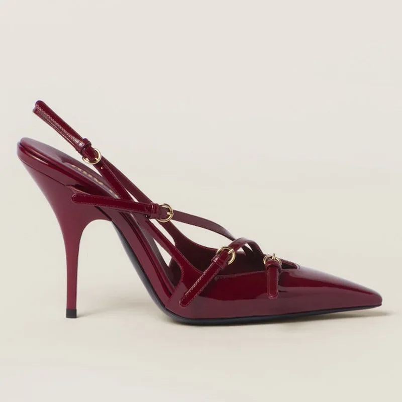 Triple Buckle Sling Back Women Summer Sandals for Women Office Small Square Head High Heels Pointed-toe Back Loop High Heels